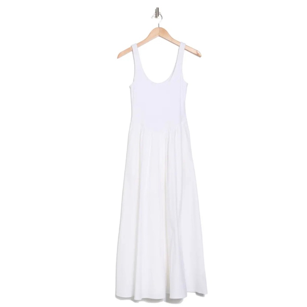 Zara Women White Ribbed Knit Poplin Mixed Media Midi Dress Small